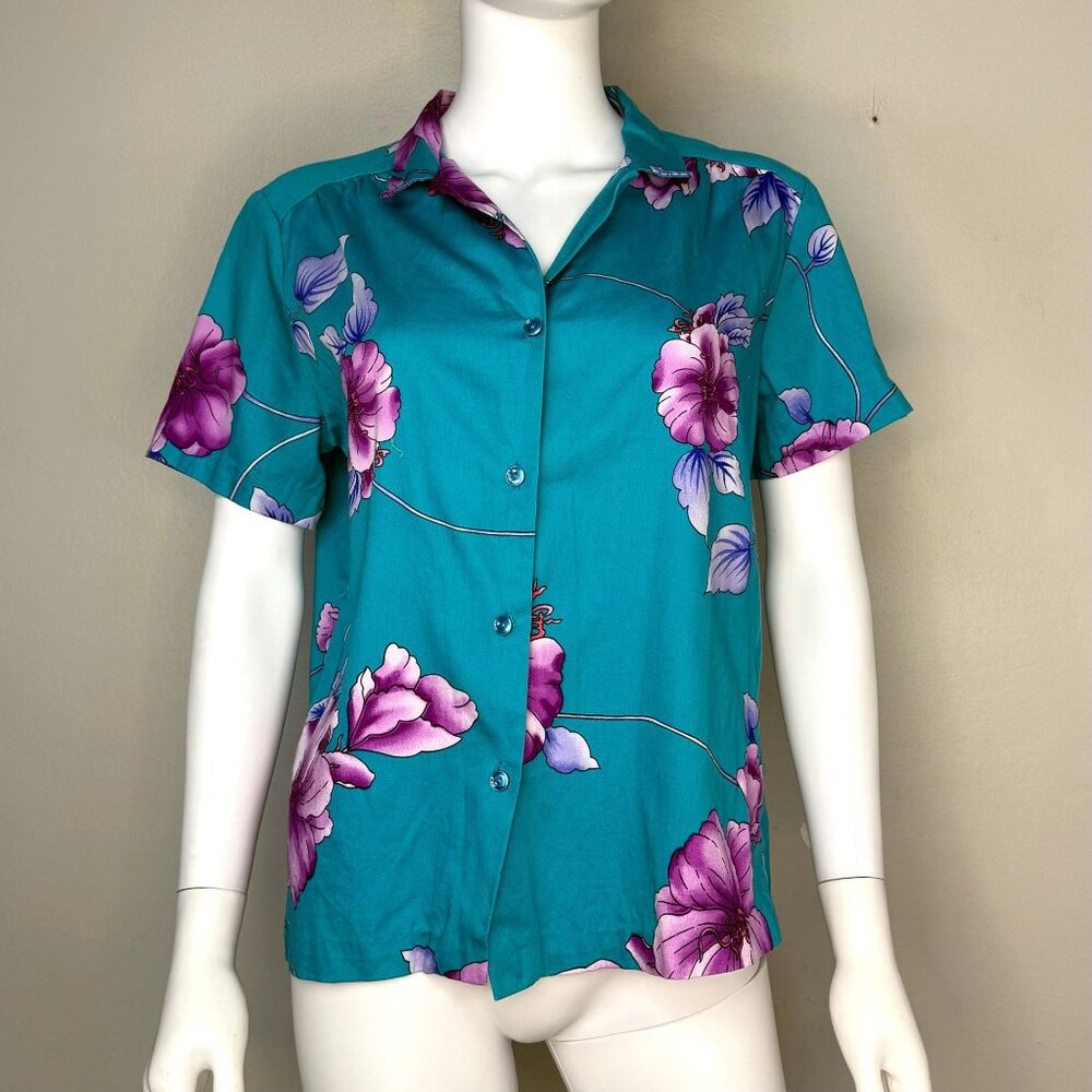 Vintage 1980s Women’s Hawaiian Shirt, Cotton Blouse, Hilo Hattie Size Large